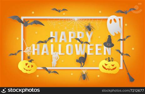 Happy Halloween greeting card design in paper cut and craft style. Vector greeting card illustration.