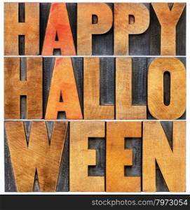 Happy Halloween greeting card - isolated word abstract in vintage grunge letterpress wood type printing blocks