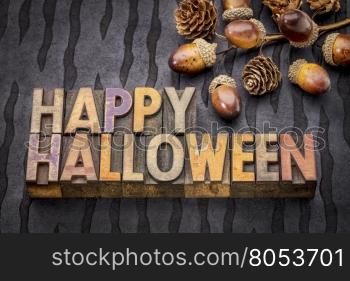 Happy Halloween greeting card - text in vintage grunge wood type printing blocks against black lokta paper with acorns and cones