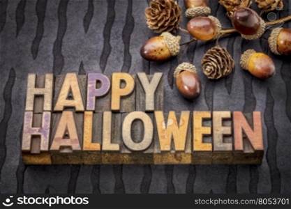 Happy Halloween greeting card - text in vintage grunge wood type printing blocks against black lokta paper with acorns and cones
