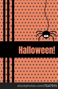 Happy Halloween greeting card with hanging on dash line web spider insect. Cute cartoon character. Flat design orange polka dot background pattern.. Happy Halloween greeting card with hanging on dash line web spider insect. Cute cartoon character. Flat design Orange polka dot background.