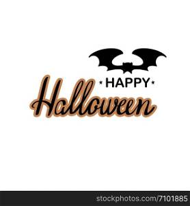 Happy Halloween hand drawn black orange lettering and silhouette black bat on white background. Design for invitation or greeting card, banner, party