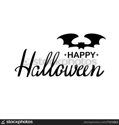Happy Halloween hand drawn lettering and silhouette black bat on white background. Design for invitation or greeting card, banner, party