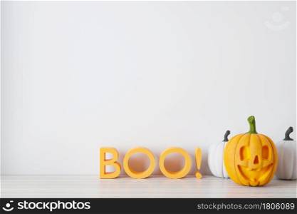 Happy halloween holiday concept. Halloween background with Jack O&rsquo;Lantern and pumpkins