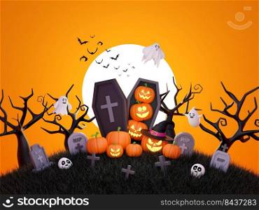 Happy Halloween, Jack O Lantern in the cemetery on a full moon night, 3d illustration