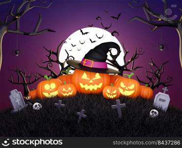 Happy Halloween, Jack O Lantern in the cemetery on a full moon night, 3d illustration