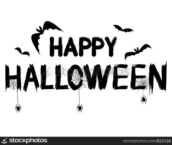 Happy Halloween Text Banner with Spider, Web and Bat, Stock Vector Illustration