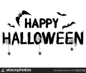 Happy Halloween Text Banner with Spider, Web and Bat, Stock Vector Illustration