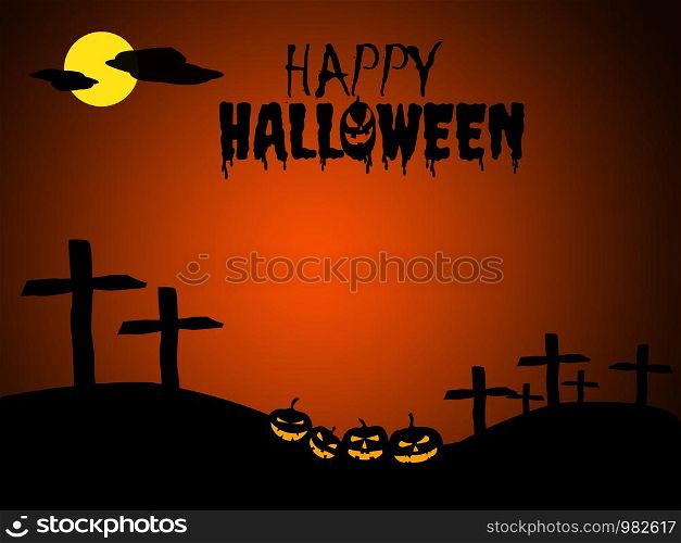 Happy Halloween. There are pumpkins in the dark grave and the yellow Halloween characters on a black-orange background