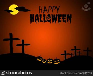 Happy Halloween. There are pumpkins in the dark grave and the yellow Halloween characters on a black-orange background