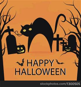 Happy Halloween Vector. Greeting card. Cat with burning eyes in the cemetery with pumpkins. Black silhouette. Forest animal. Flat design. Orange background. Cat with burning eyes in the cemetery with pumpkins.