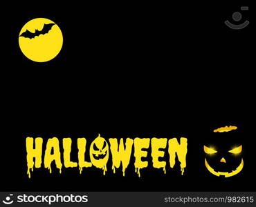 Happy Halloween, with a pumpkin in the dark and a yellow Halloween character on a black background