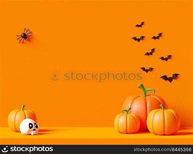 Happy Halloween yellow stage with pumpkins, 3d illustration