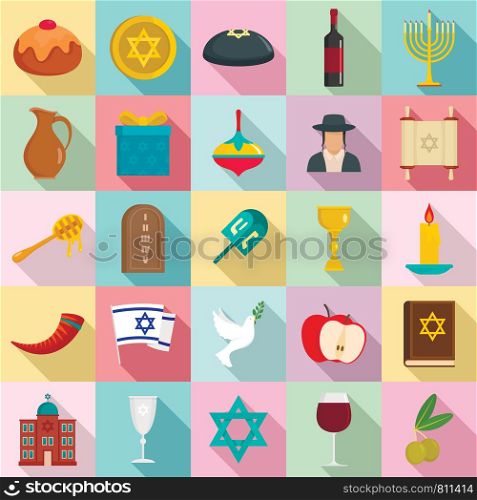 Happy hanukkah icon set. Flat set of happy hanukkah vector icons for web design. Happy hanukkah icon set, flat style