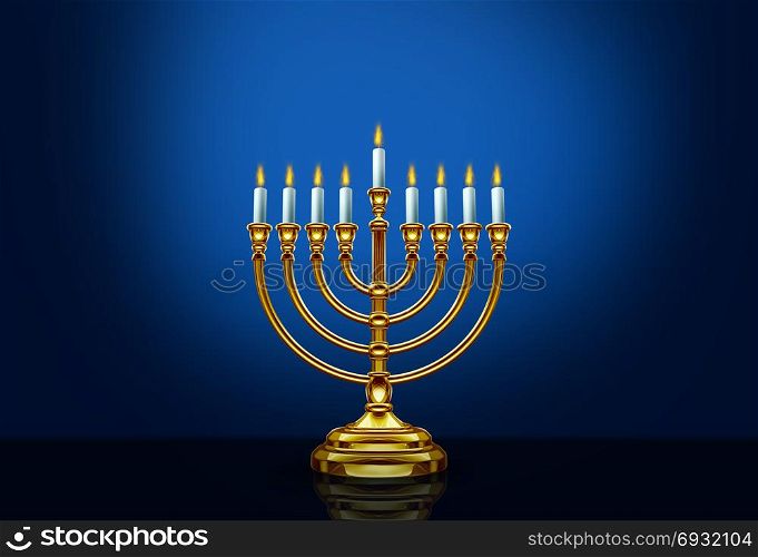 Happy Hanukkah menorah seasonal traditional faith symbol on a blue background as a 3D illustration.