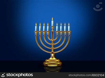 Happy Hanukkah menorah seasonal traditional faith symbol on a blue background as a 3D illustration.