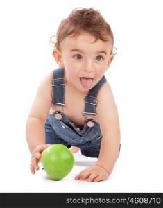 Happy healthy baby boy crawls to reach the apple, having fun in the studio, isolated on white background, joyful carefree childhood&#xA;