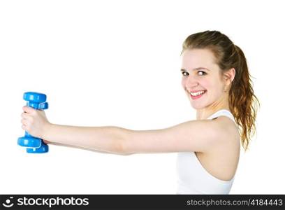 Happy healthy fit young woman lifting weights for fitness exercise