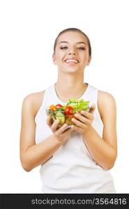 happy healthy girl with salad on white background