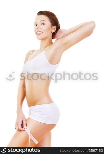 happy healthy girl with tapemeasure on white background