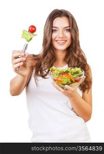 happy healthy woman with salad on white background