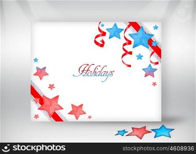 Happy holidays greeting card wrapped with red ribbon and many blue red stars, paper postcard, beautiful Christmas gift, romantic present for any holiday