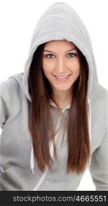 Happy hooded girl with grey sweatshirt isolated on a white background
