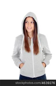 Happy hooded girl with grey sweatshirt looking at side isolated on a white background