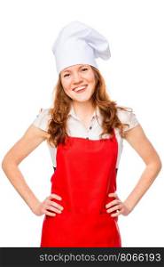 Happy housewife dressed as a cook on a white background