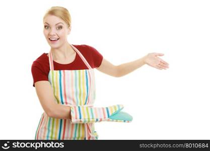 Happy housewife kitchen apron or small business owner entrepreneur shop assistant waitress making inviting welcome gesture isolated on white