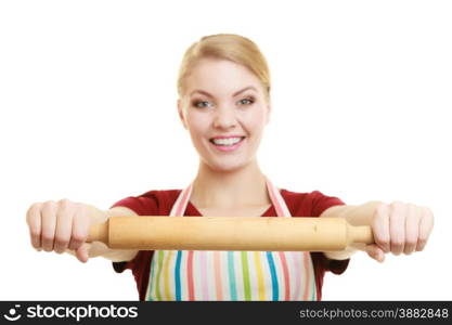 Happy housewife or baker chef wearing kitchen apron holds baking rolling pin studio picture isolated on white