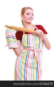 Happy housewife or baker chef wearing kitchen apron oven mitten holds baking rolling pin studio picture isolated on white