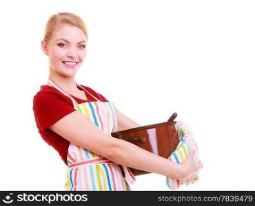Happy housewife or chef in colorful kitchen apron with pot of soup isolated studio shot