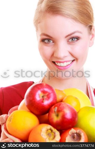 Happy housewife or seller offering healthy fruits isolated studio shot. Diet and nutrition.