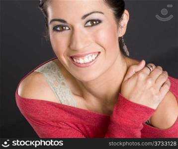 Happy in Red Extreme Beauty Exudes From Attractive Brunette Female