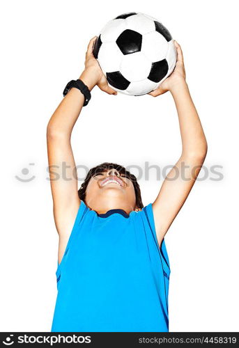 Happy jumping boy, cute kid playing football, active child, young male teen goalkeeper enjoying sport game, catching ball, isolated closeup portrait, preteen smiling and having fun, little footballer
