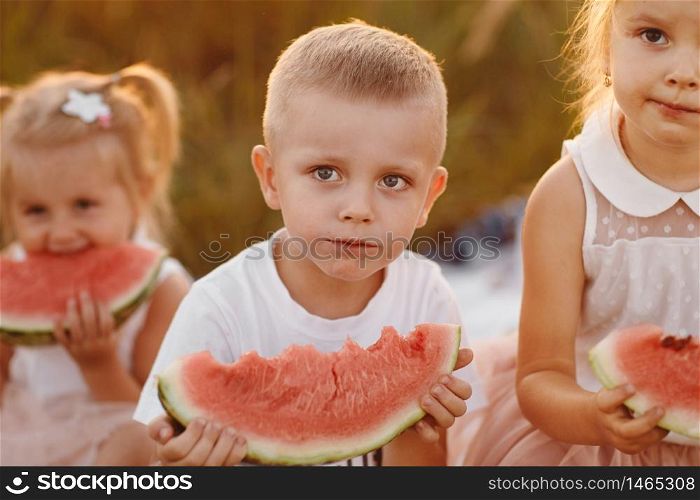 happy kids eating watermelon in summer at sunset in the field. summer picnic. happy childhood. selective focus. happy kids eating watermelon in summer at sunset in the field. summer picnic. happy childhood. selective focus.