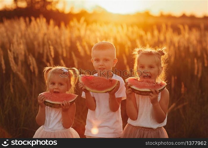 happy kids eating watermelon. Kids eat fruit outdoors. Healthy snack for children. Little girls and boy playing in the garden biting a slice of water melon. warm and sunny summer day.. happy kids eating watermelon. Kids eat fruit outdoors. Healthy snack for children. Little girls and boy playing in the garden biting a slice of water melon. warm and sunny summer day
