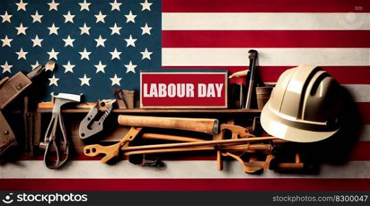 Happy Labor day background concept. Flat lay of construction blue collar handy tools and white collar’s accessories over wooden background with text Happy Labor day. Generative Ai illustration. . Happy Labor day background concept. Flat lay of construction blue collar handy tools and white collar’s accessories over wooden background with text Happy Labor day. Generative Ai.