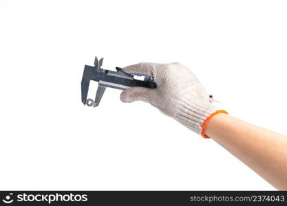 Happy labor day. Manual caliper isolated on white background. Hand holds a repair tool.. Happy labor day. Manual caliper isolated on white background. Hand holds repair tool.