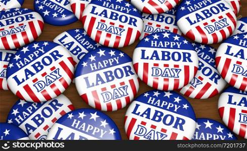 Happy labor day United States national workers holiday concept with sign and american flag colors and symbol on scattered badges 3D illustration.