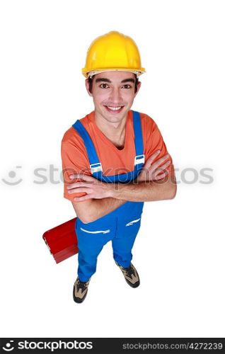 Happy laborer isolated on white background
