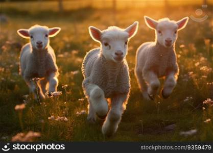 Happy lambs running in the meadow. Generative AI