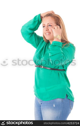 Happy large woman posing over a white background