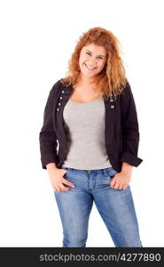 Happy large woman posing over a white background