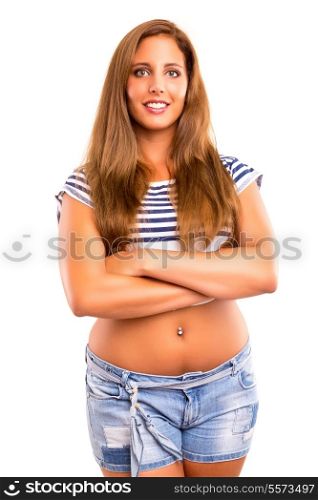 Happy large woman posing over a white background