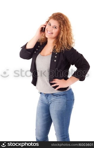 Happy large woman posing over a white background