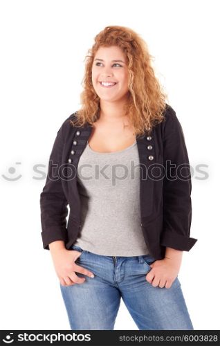 Happy large woman posing over a white background