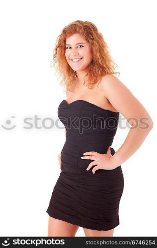 Happy large woman posing over a white background