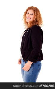 Happy large woman posing over a white background